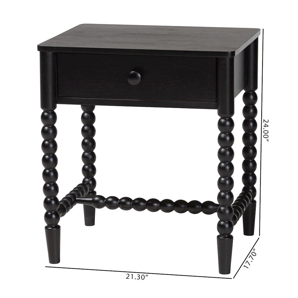 1-Drawer Bedside Table with Beaded Frame and Open Base for Bedroom, Black. Picture 9