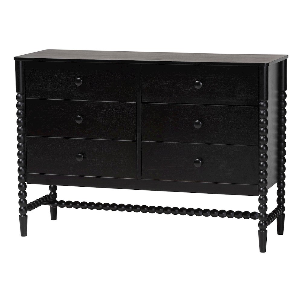 6-Drawer Storage Cabinet with Beaded Frame and Elevated Base for Bedroom, Black. Picture 1