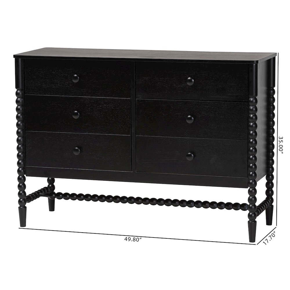 6-Drawer Storage Cabinet with Beaded Frame and Elevated Base for Bedroom, Black. Picture 11