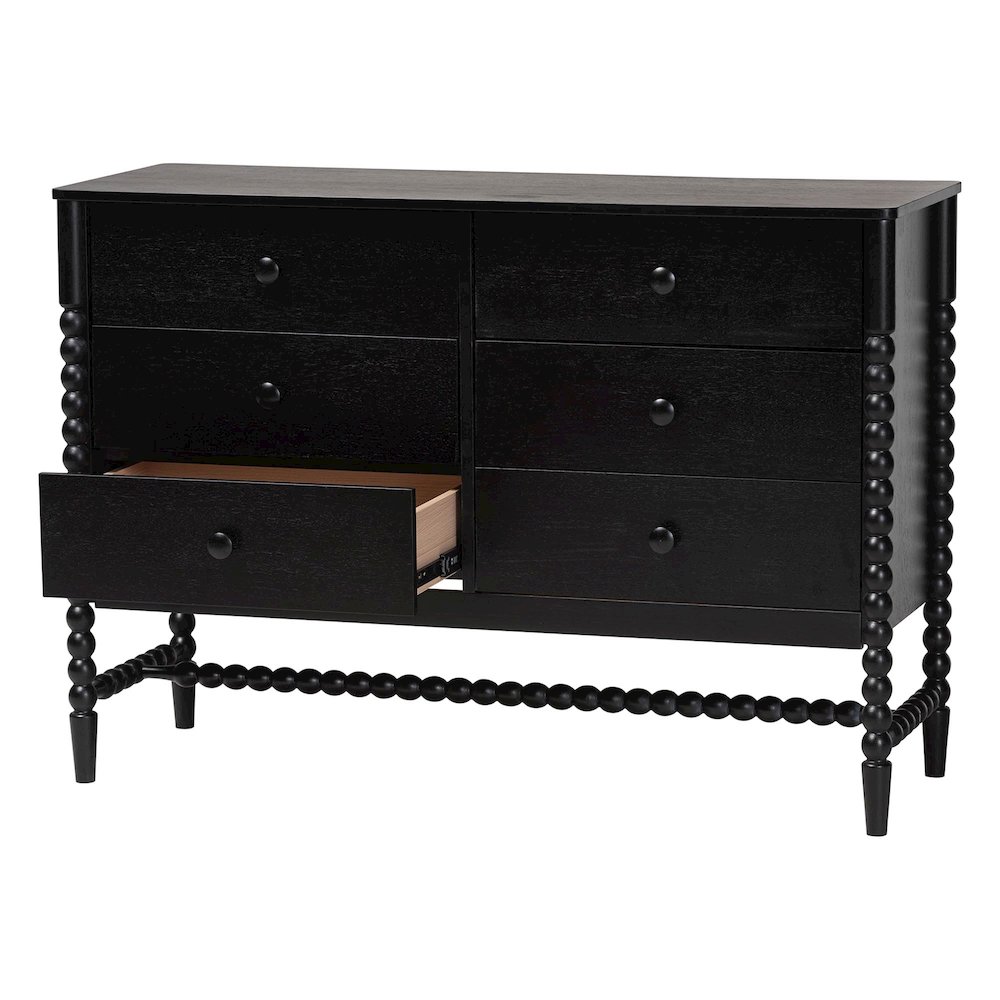 6-Drawer Storage Cabinet with Beaded Frame and Elevated Base for Bedroom, Black. Picture 3