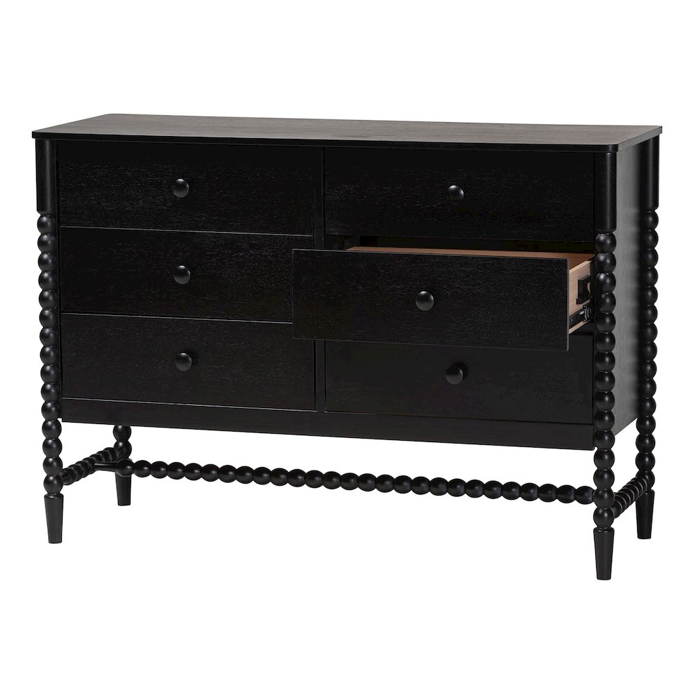 6-Drawer Storage Cabinet with Beaded Frame and Elevated Base for Bedroom, Black. Picture 4