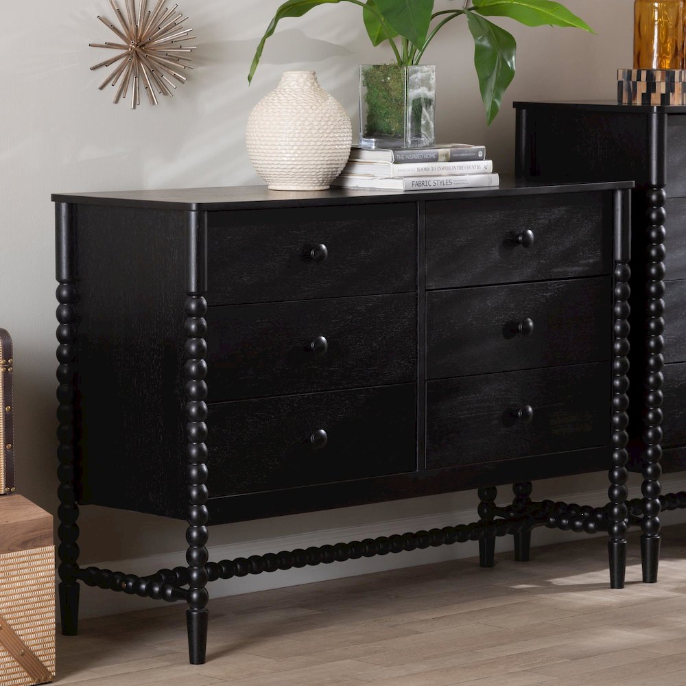 6-Drawer Storage Cabinet with Beaded Frame and Elevated Base for Bedroom, Black. Picture 2