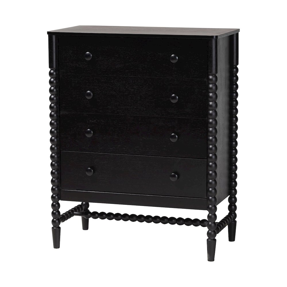 4-Drawer Storage Cabinet with Beaded Frame and Elevated Base for Bedroom, Black. Picture 1