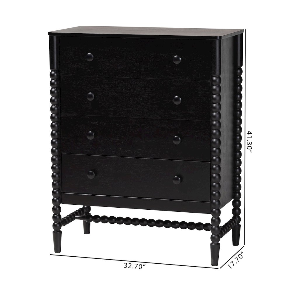 4-Drawer Storage Cabinet with Beaded Frame and Elevated Base for Bedroom, Black. Picture 11