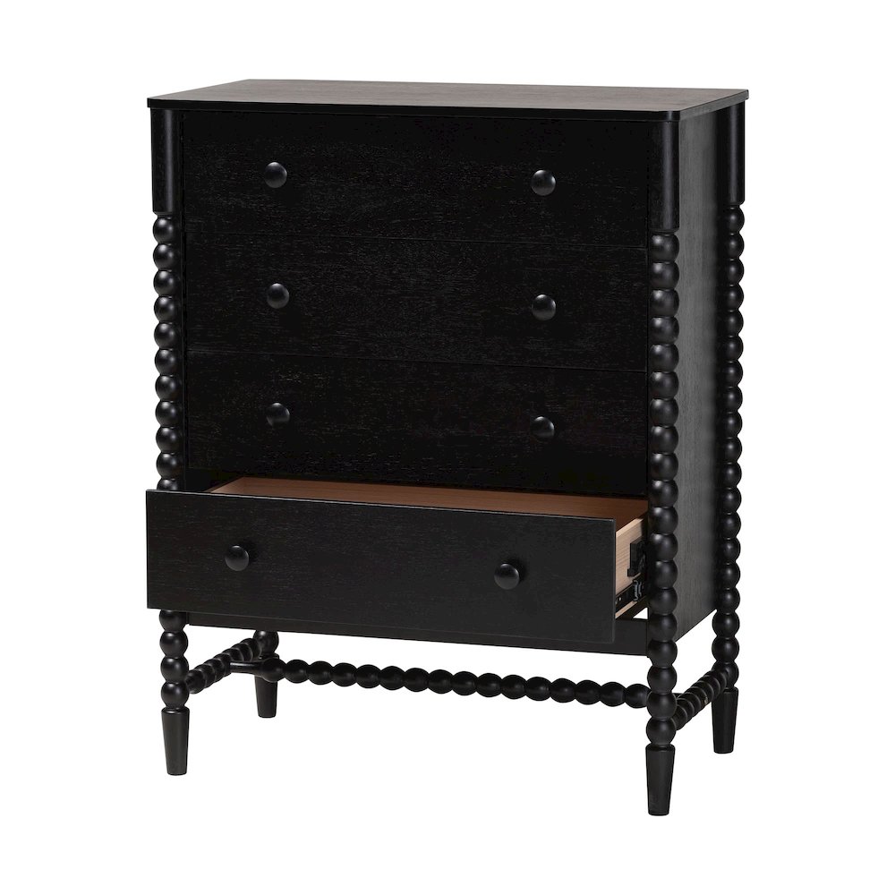 4-Drawer Storage Cabinet with Beaded Frame and Elevated Base for Bedroom, Black. Picture 3