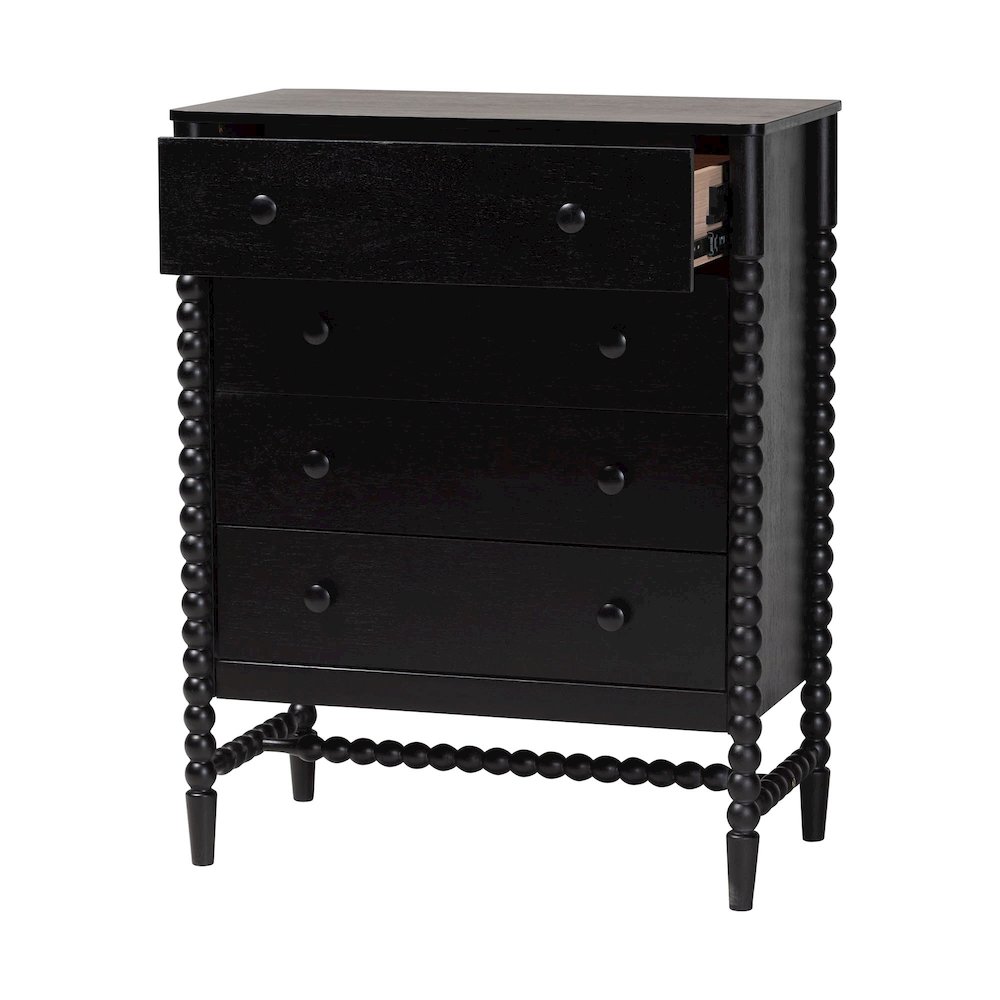 4-Drawer Storage Cabinet with Beaded Frame and Elevated Base for Bedroom, Black. Picture 4