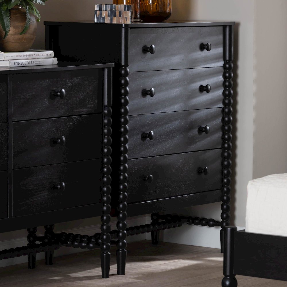 4-Drawer Storage Cabinet with Beaded Frame and Elevated Base for Bedroom, Black. Picture 2