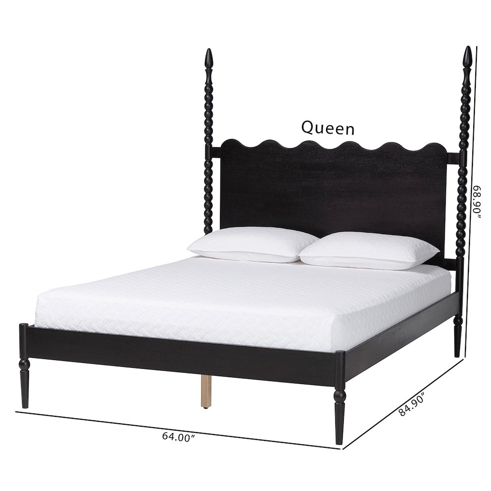 Platform Bed Frame with Scalloped Headboard and Turned Posts, Black, Queen. Picture 8