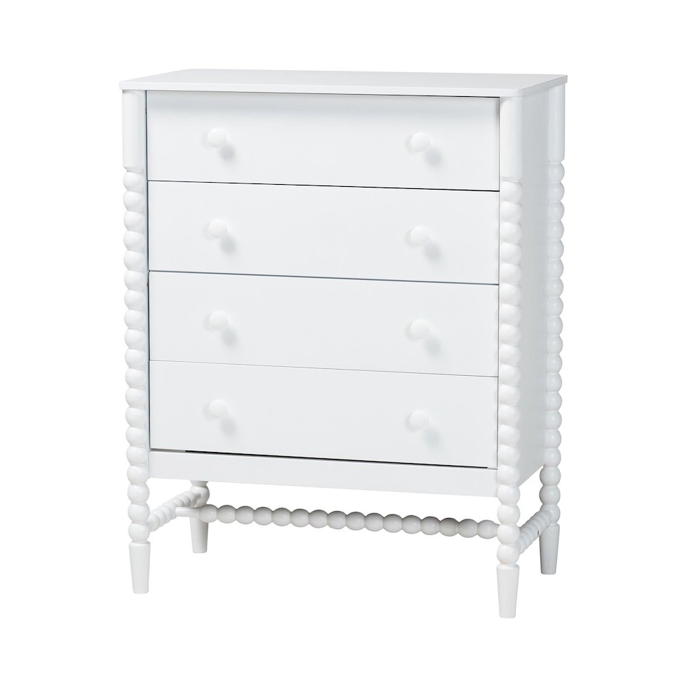 4-Drawer Storage Cabinet with Beaded Frame and Elevated Base for Bedroom, White. Picture 1