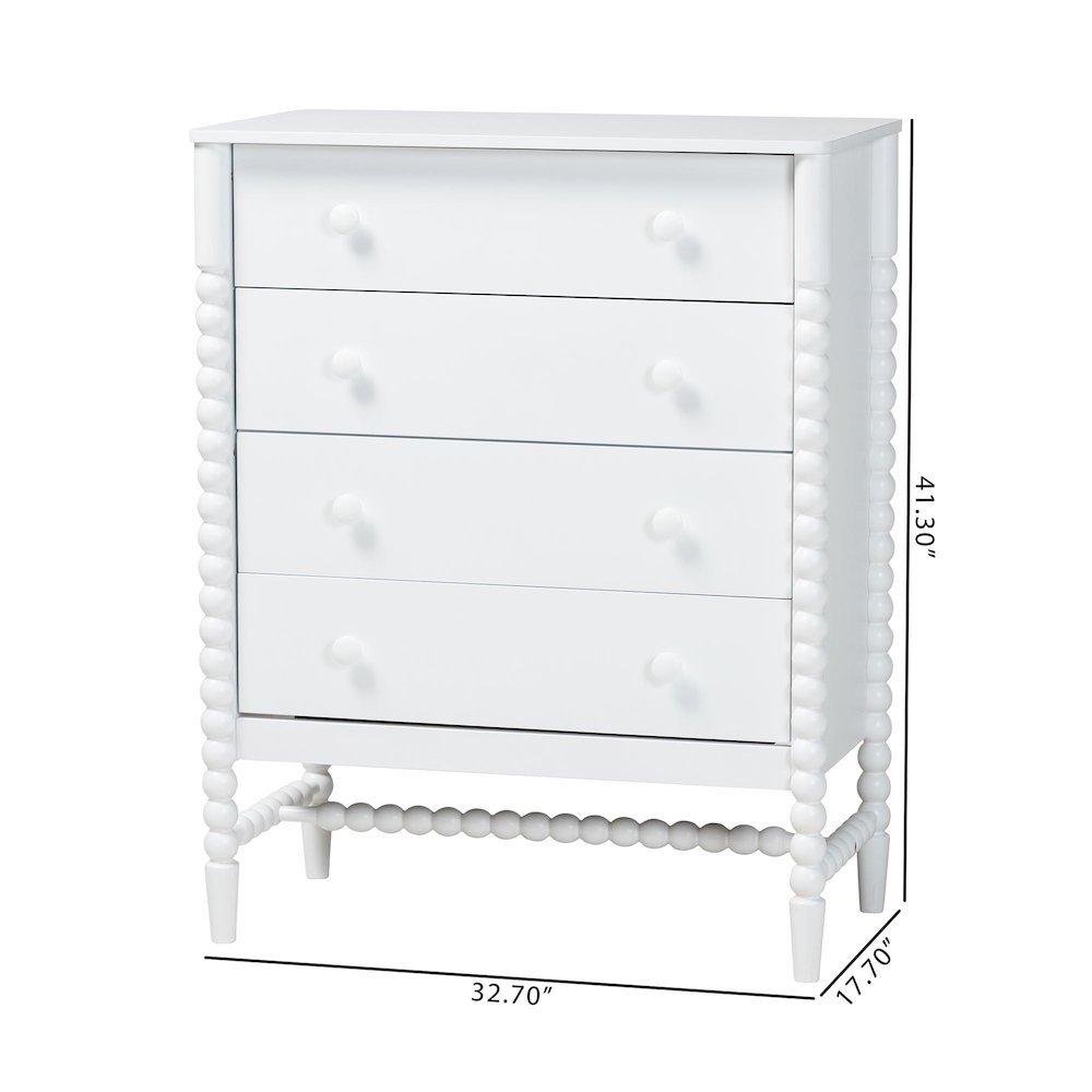 4-Drawer Storage Cabinet with Beaded Frame and Elevated Base for Bedroom, White. Picture 11