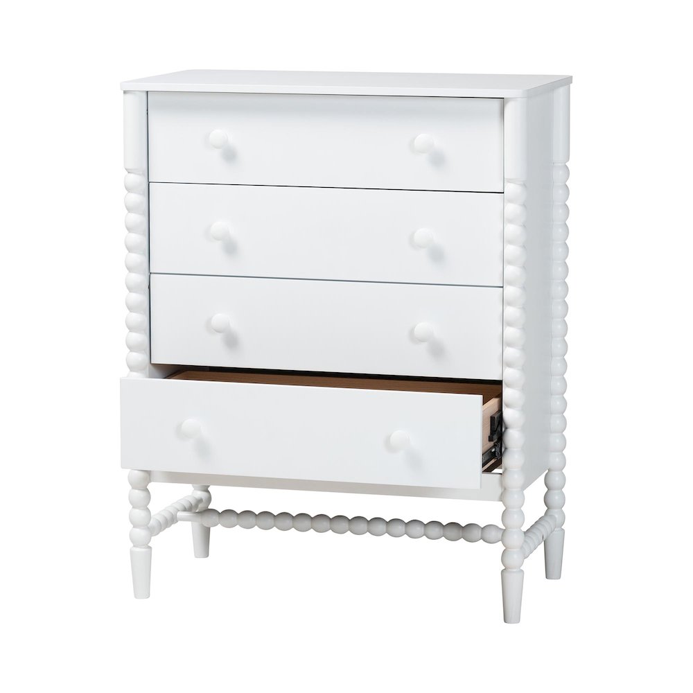 4-Drawer Storage Cabinet with Beaded Frame and Elevated Base for Bedroom, White. Picture 3