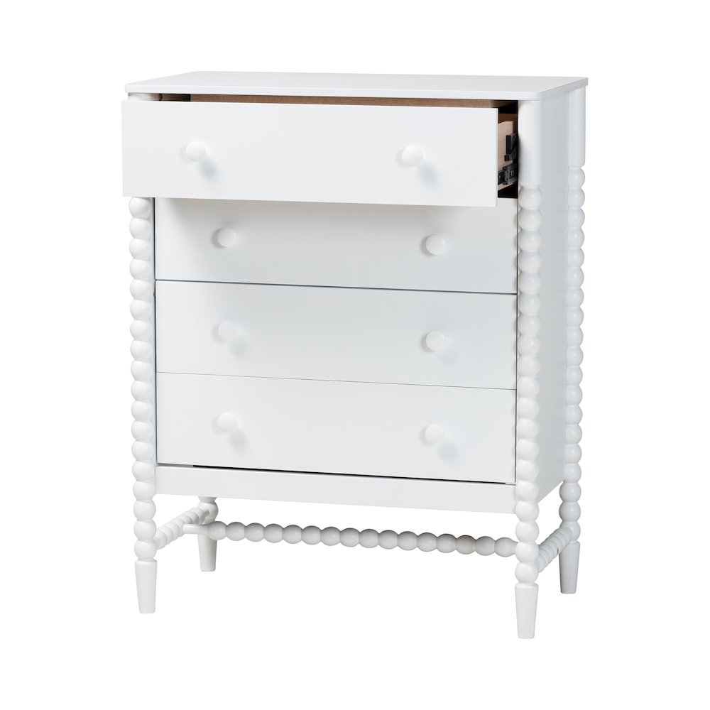 4-Drawer Storage Cabinet with Beaded Frame and Elevated Base for Bedroom, White. Picture 4