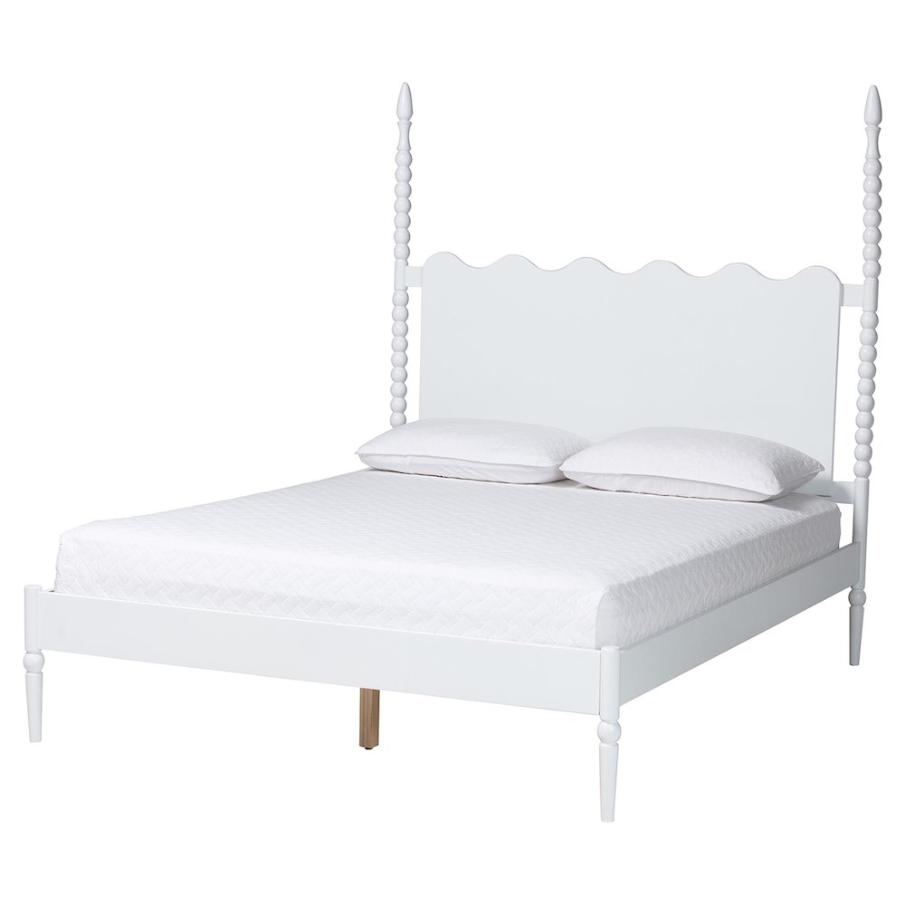 Platform Bed Frame with Scalloped Headboard and Turned Posts, White, Queen. Picture 1