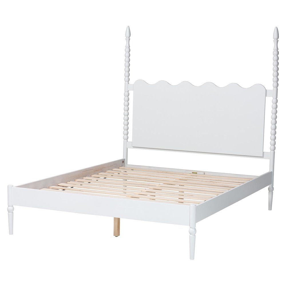 Platform Bed Frame with Scalloped Headboard and Turned Posts, White, Queen. Picture 4