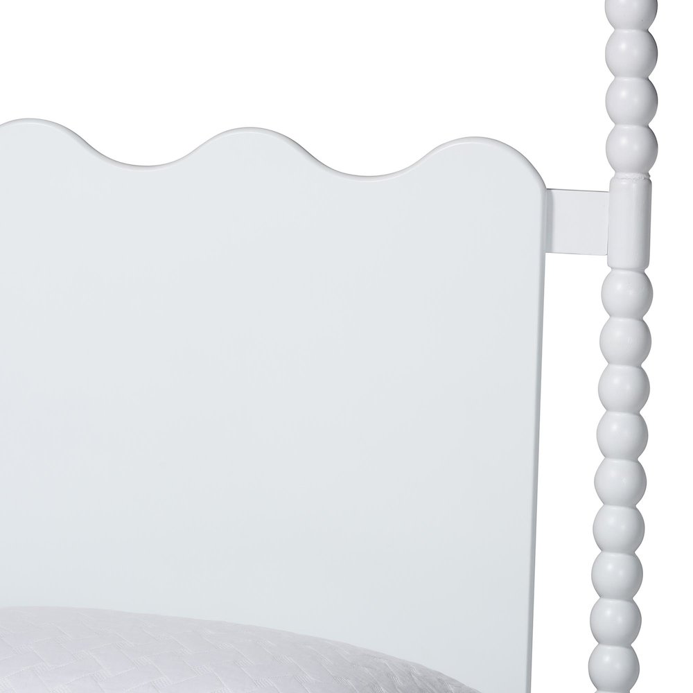 Platform Bed Frame with Scalloped Headboard and Turned Posts, White, Queen. Picture 5