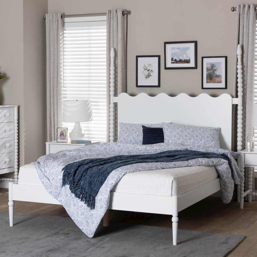 Platform Bed Frame with Scalloped Headboard and Turned Posts, White, Queen. Picture 2