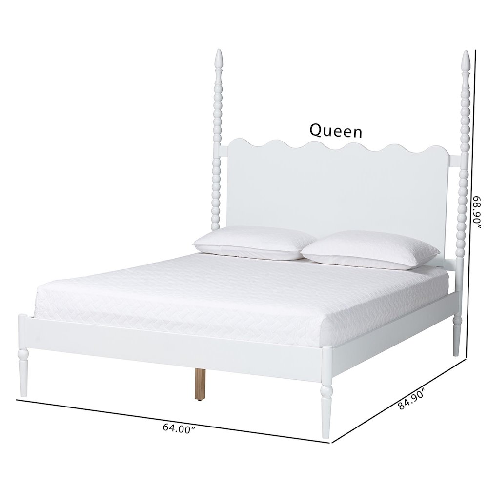 Platform Bed Frame with Scalloped Headboard and Turned Posts, White, Queen. Picture 8