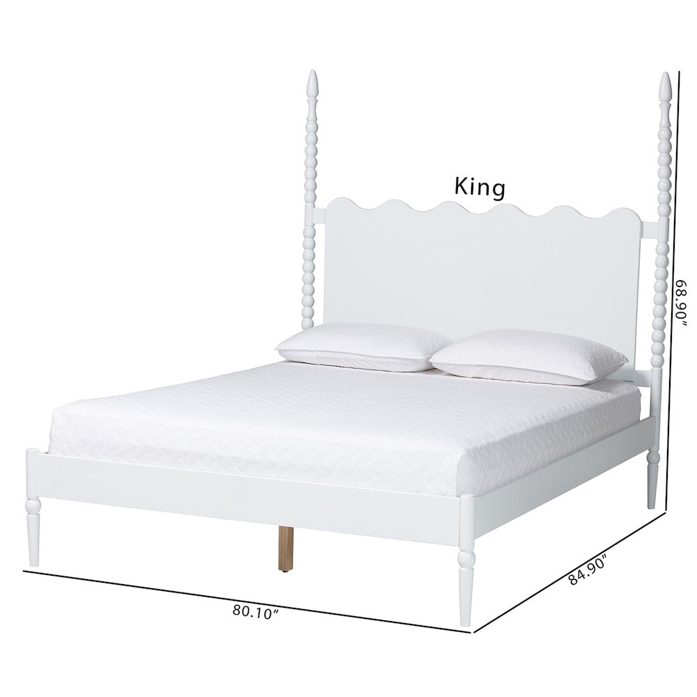 Platform Bed Frame with Scalloped Headboard and Turned Posts, White, Queen. Picture 9