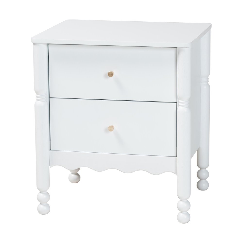 2-Drawer Bedside Table with Scalloped Apron and Turned Legs for Bedroom, White. Picture 1