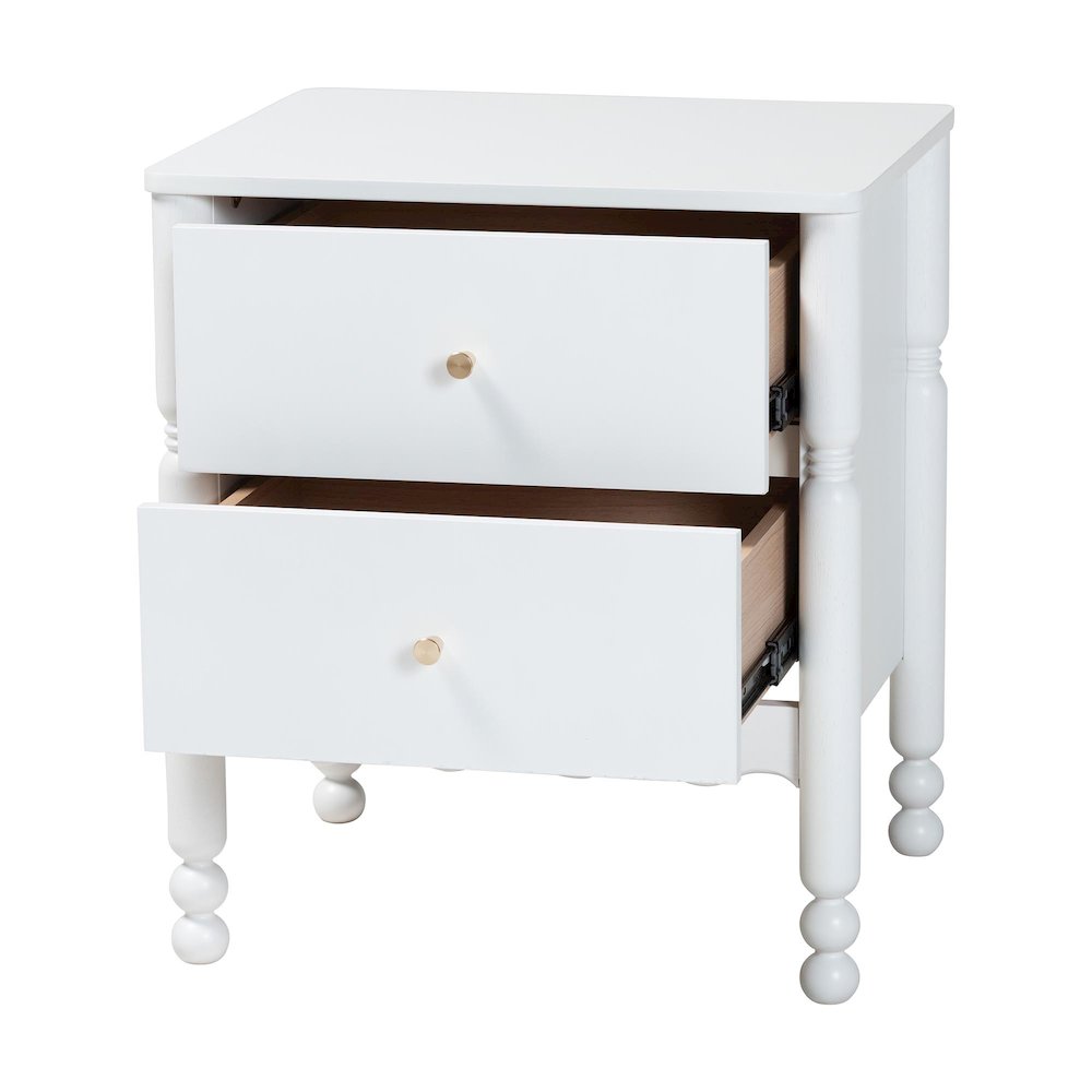 2-Drawer Bedside Table with Scalloped Apron and Turned Legs for Bedroom, White. Picture 3