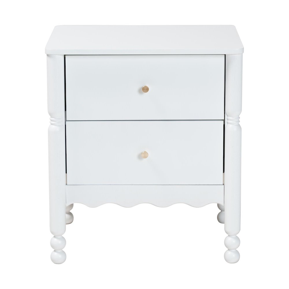 2-Drawer Bedside Table with Scalloped Apron and Turned Legs for Bedroom, White. Picture 4