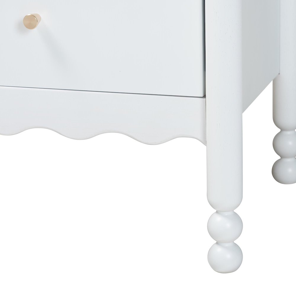 2-Drawer Bedside Table with Scalloped Apron and Turned Legs for Bedroom, White. Picture 7