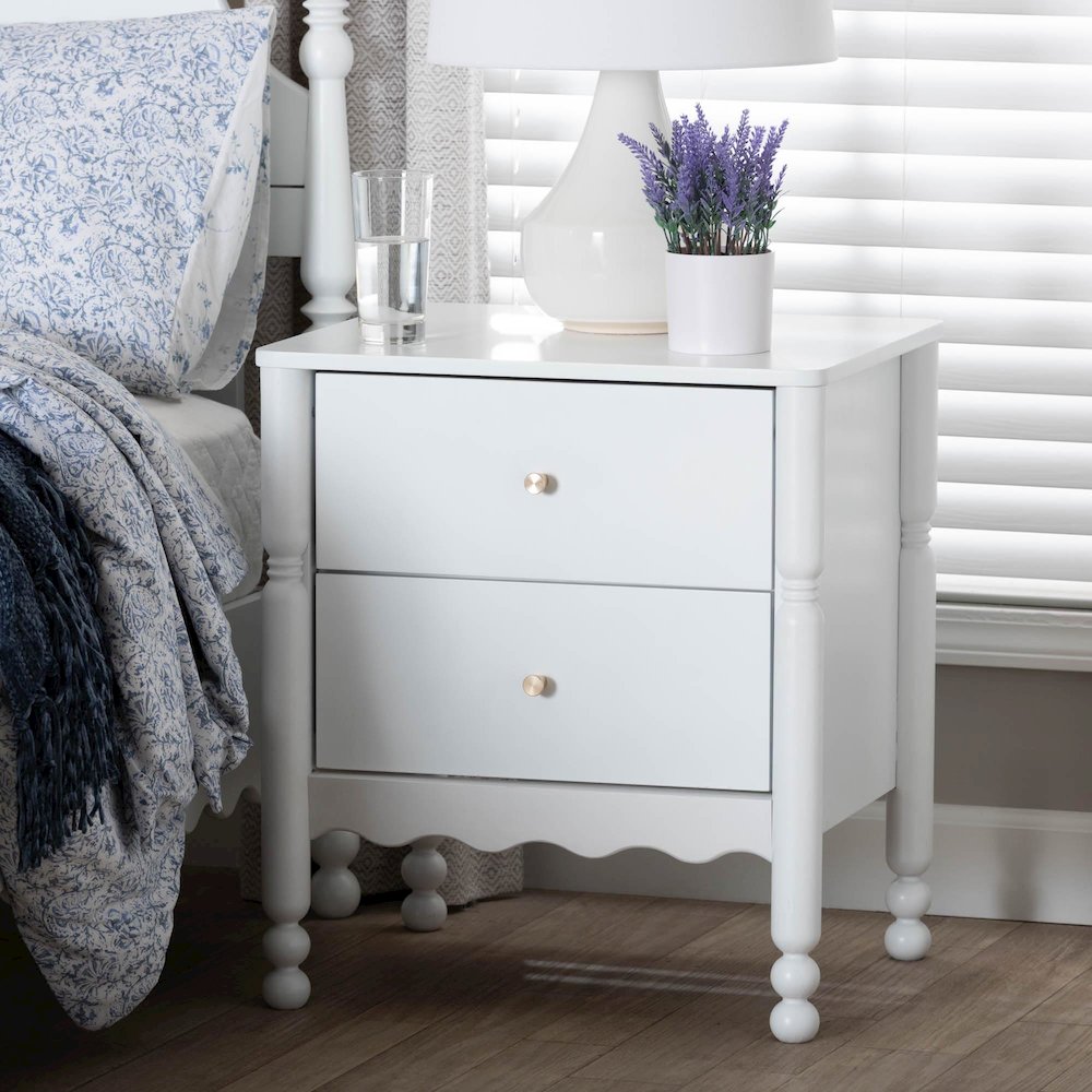 2-Drawer Bedside Table with Scalloped Apron and Turned Legs for Bedroom, White. Picture 2