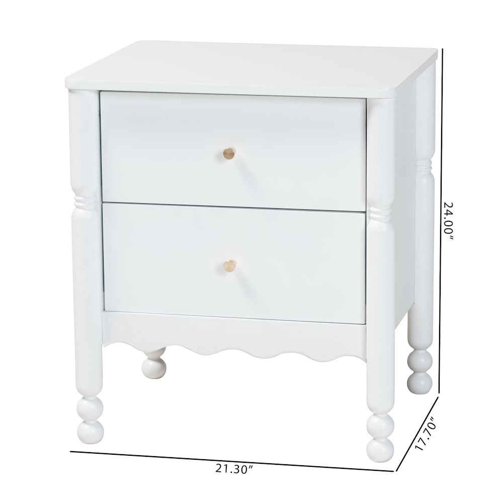 2-Drawer Bedside Table with Scalloped Apron and Turned Legs for Bedroom, White. Picture 9