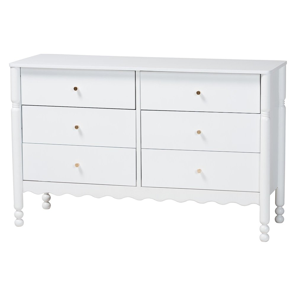 6-Drawer Storage Cabinet with Scalloped Apron and Turned Legs for Bedroom, White. Picture 1