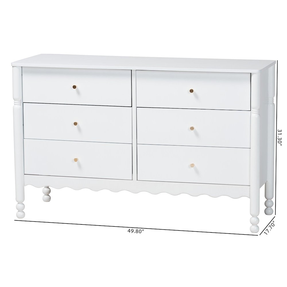 6-Drawer Storage Cabinet with Scalloped Apron and Turned Legs for Bedroom, White. Picture 11