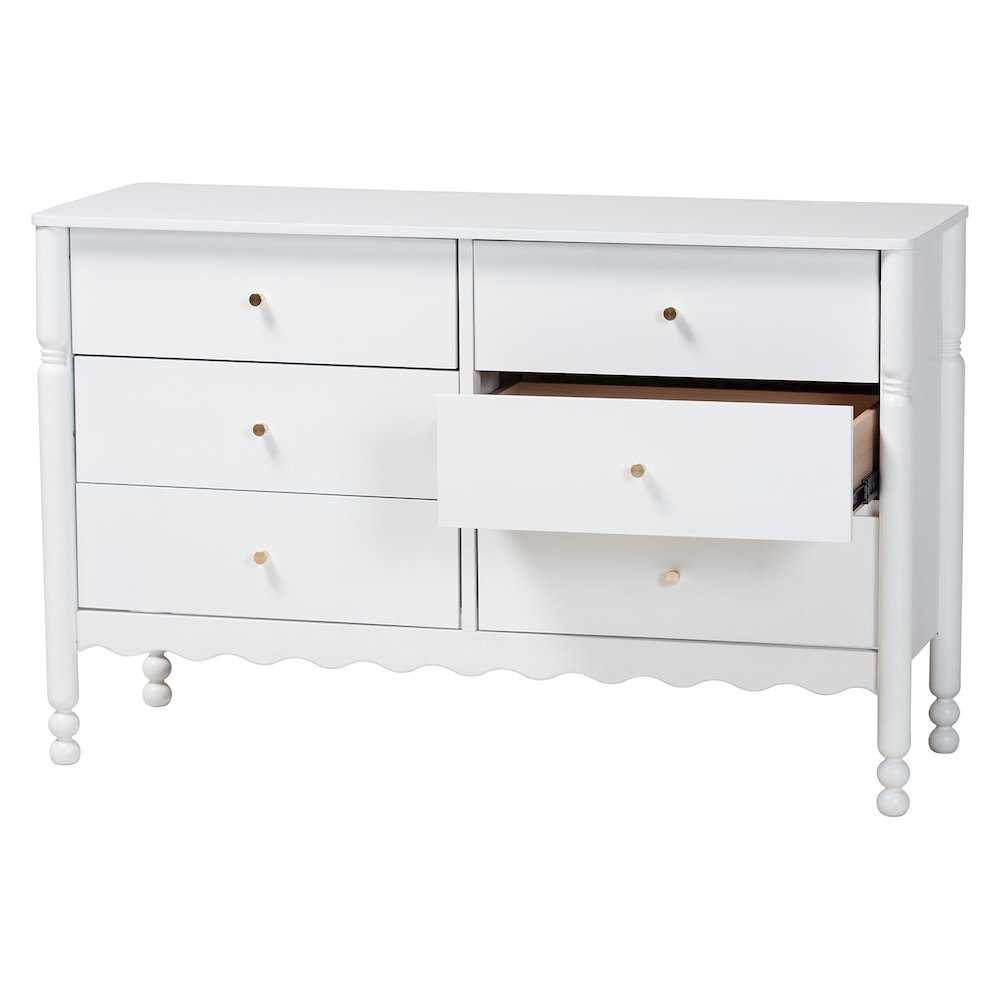 6-Drawer Storage Cabinet with Scalloped Apron and Turned Legs for Bedroom, White. Picture 4