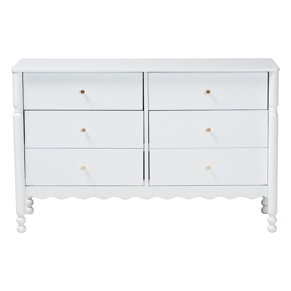 6-Drawer Storage Cabinet with Scalloped Apron and Turned Legs for Bedroom, White. Picture 5