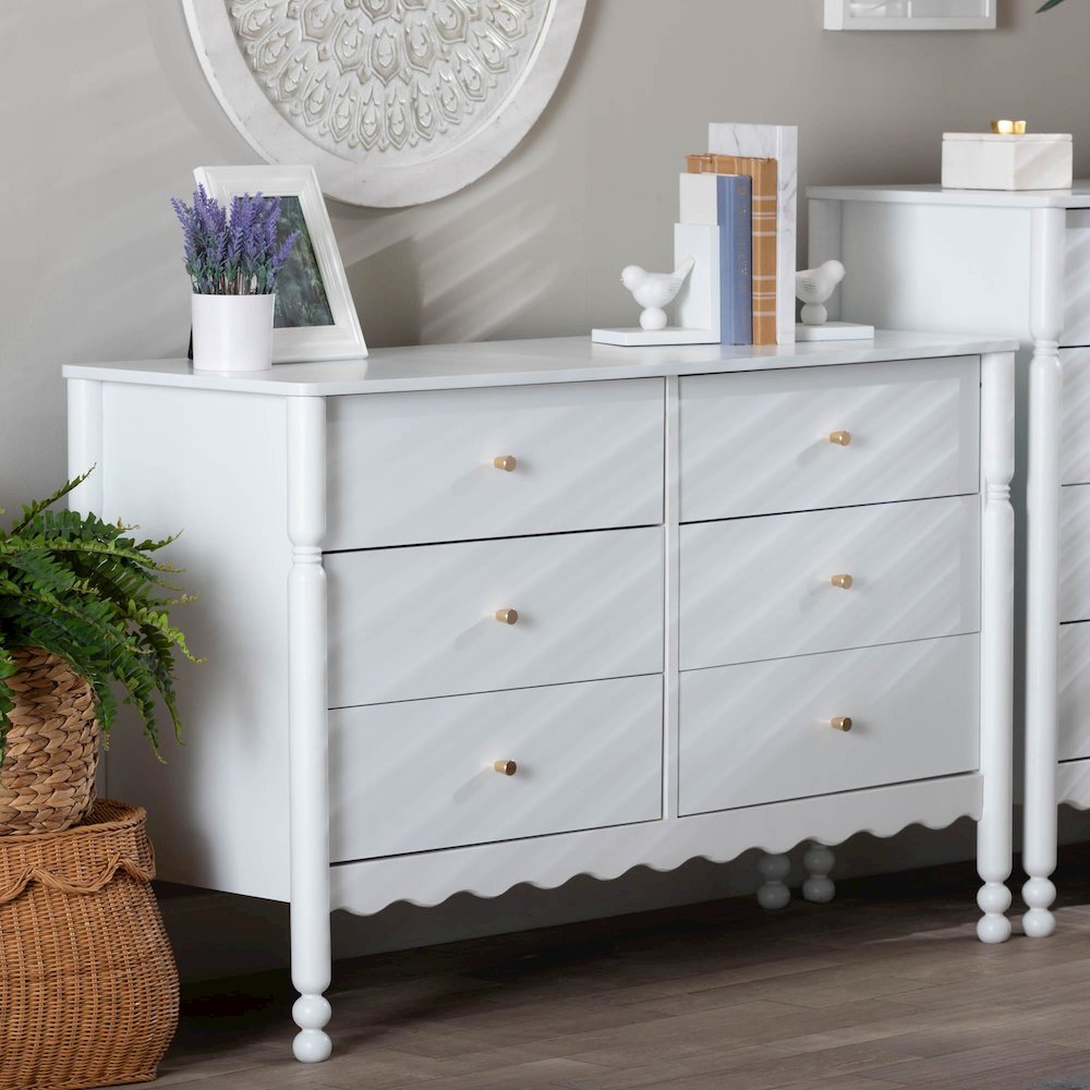 6-Drawer Storage Cabinet with Scalloped Apron and Turned Legs for Bedroom, White. Picture 2