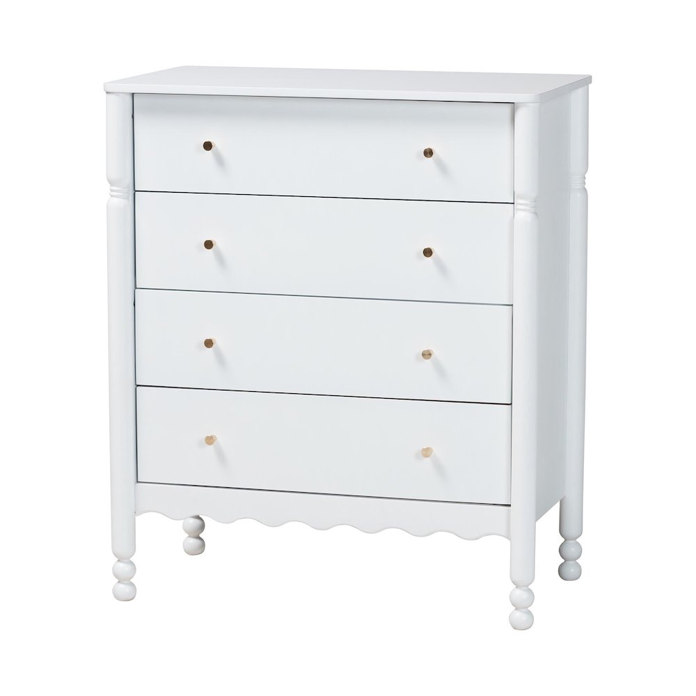 4-Drawer Storage Cabinet with Scalloped Apron and Turned Legs for Bedroom, White. Picture 1