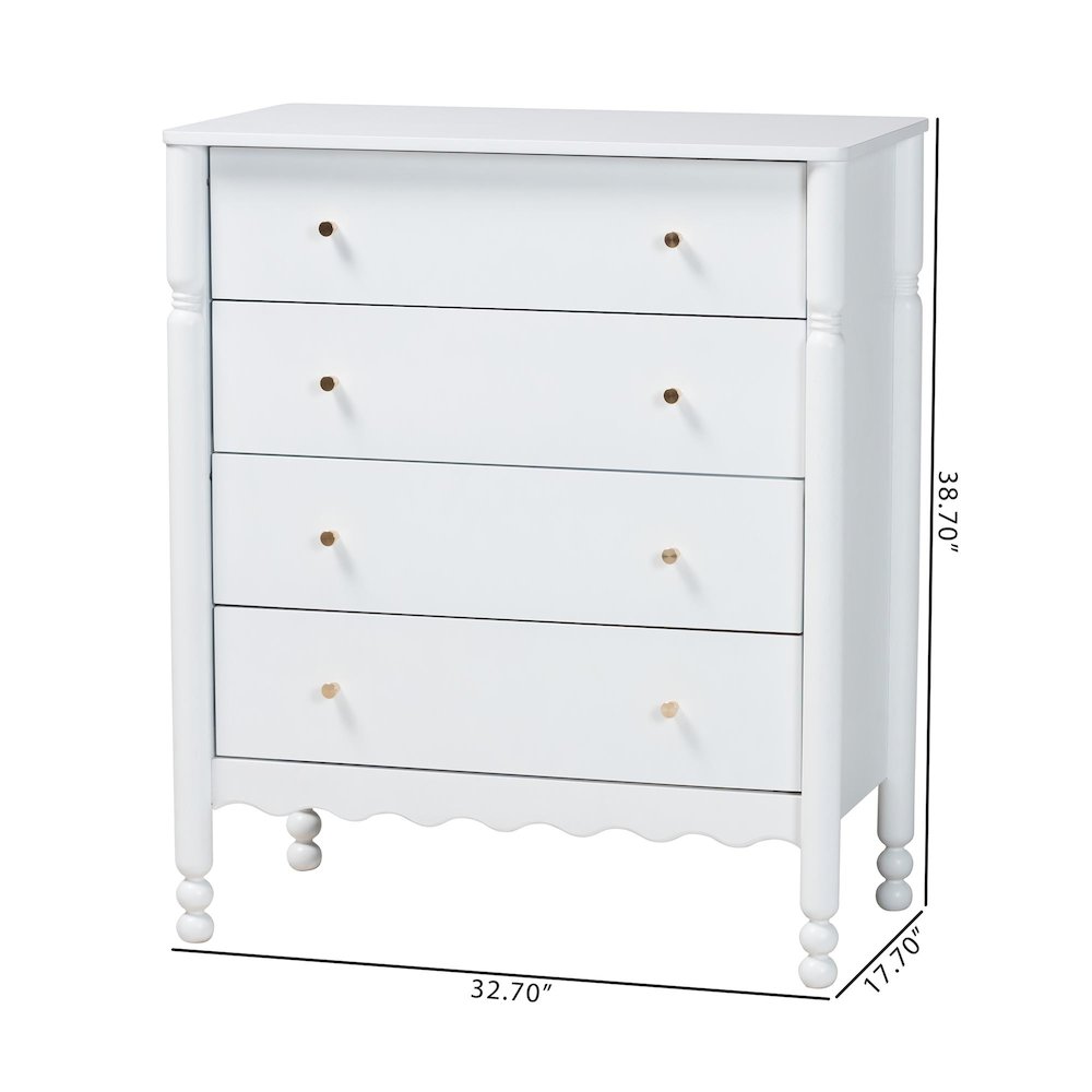 4-Drawer Storage Cabinet with Scalloped Apron and Turned Legs for Bedroom, White. Picture 11