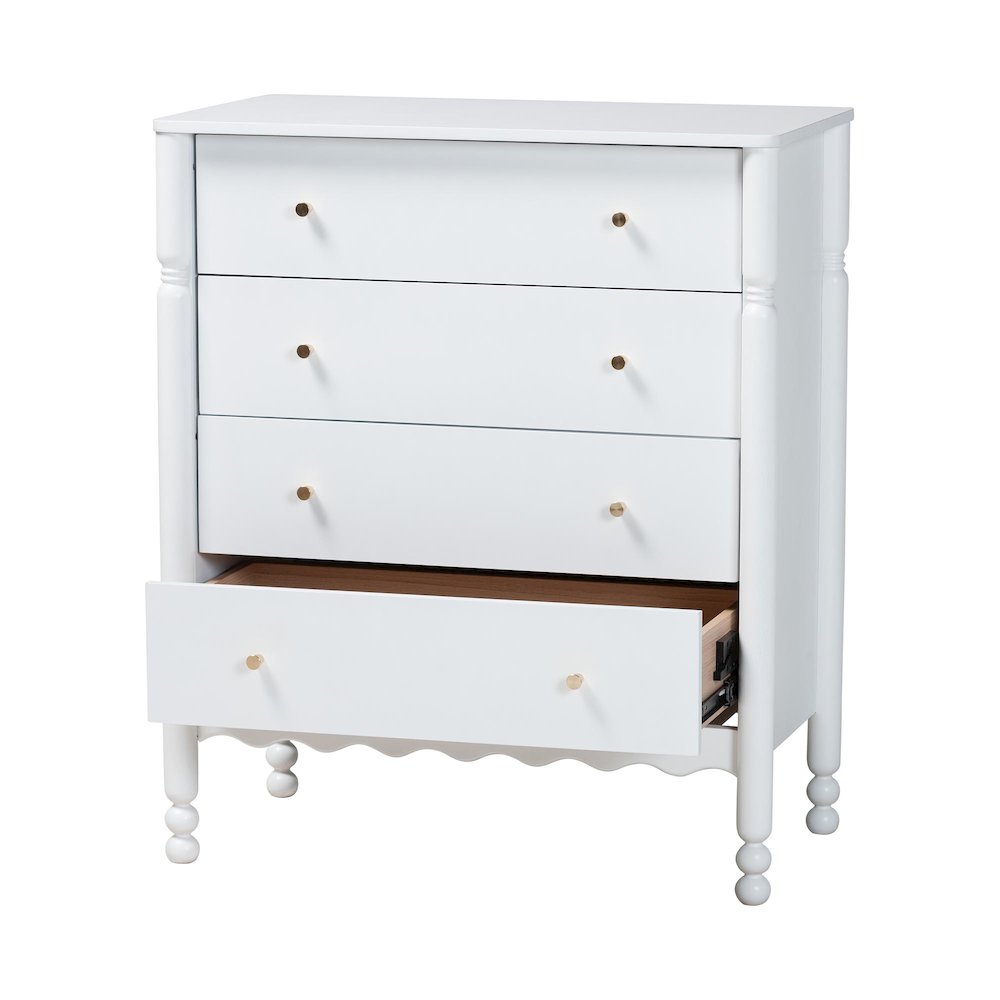 4-Drawer Storage Cabinet with Scalloped Apron and Turned Legs for Bedroom, White. Picture 3