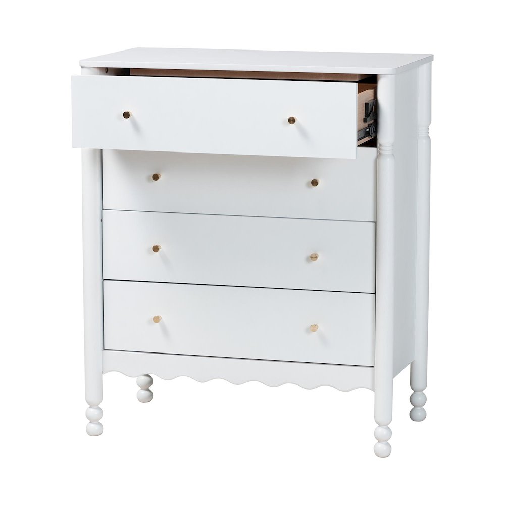 4-Drawer Storage Cabinet with Scalloped Apron and Turned Legs for Bedroom, White. Picture 4