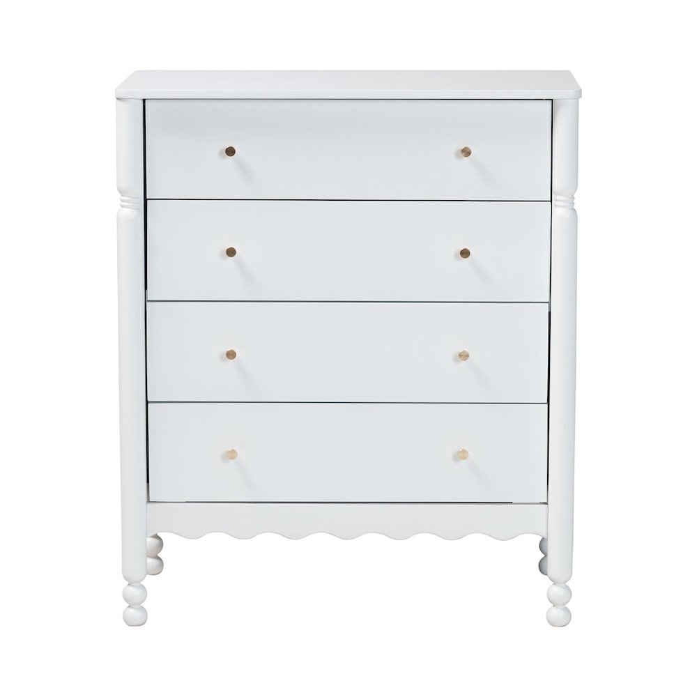 4-Drawer Storage Cabinet with Scalloped Apron and Turned Legs for Bedroom, White. Picture 5