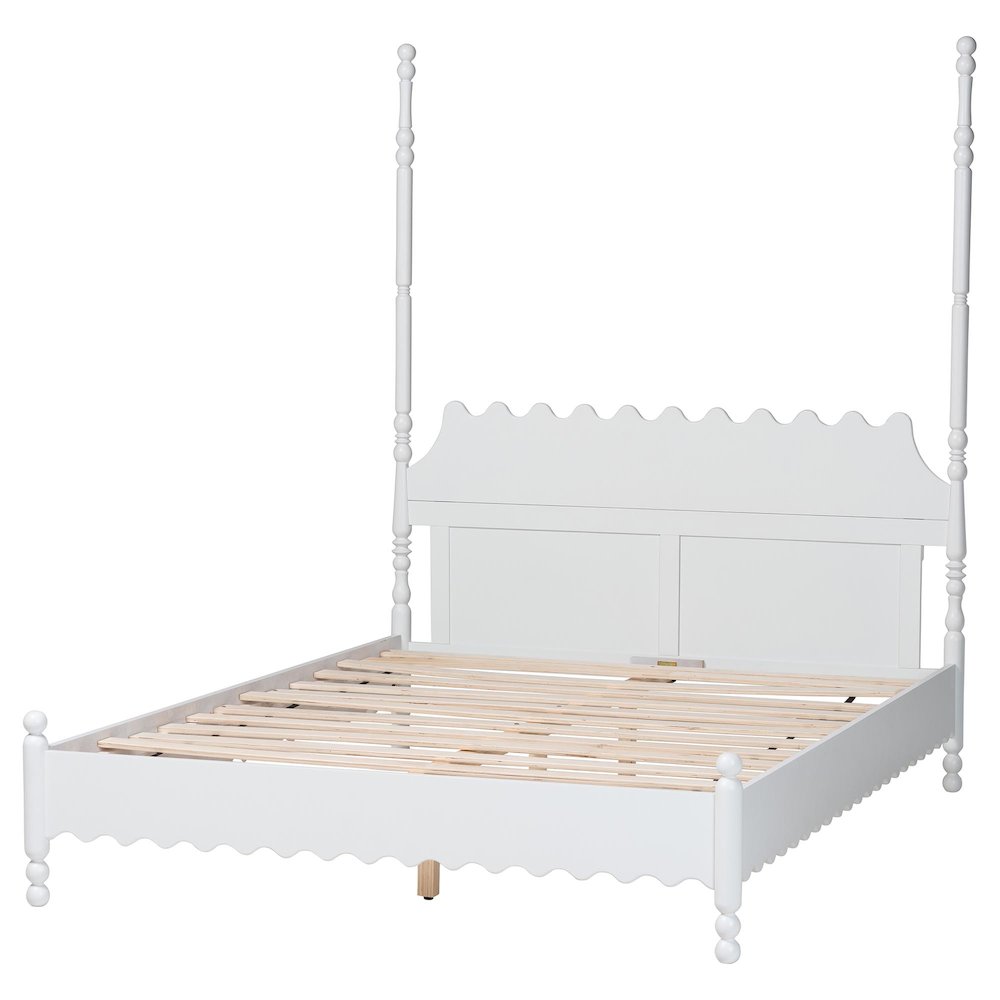 Platform Bed Frame with Scalloped Design and Turned Posts, White, Queen. Picture 4