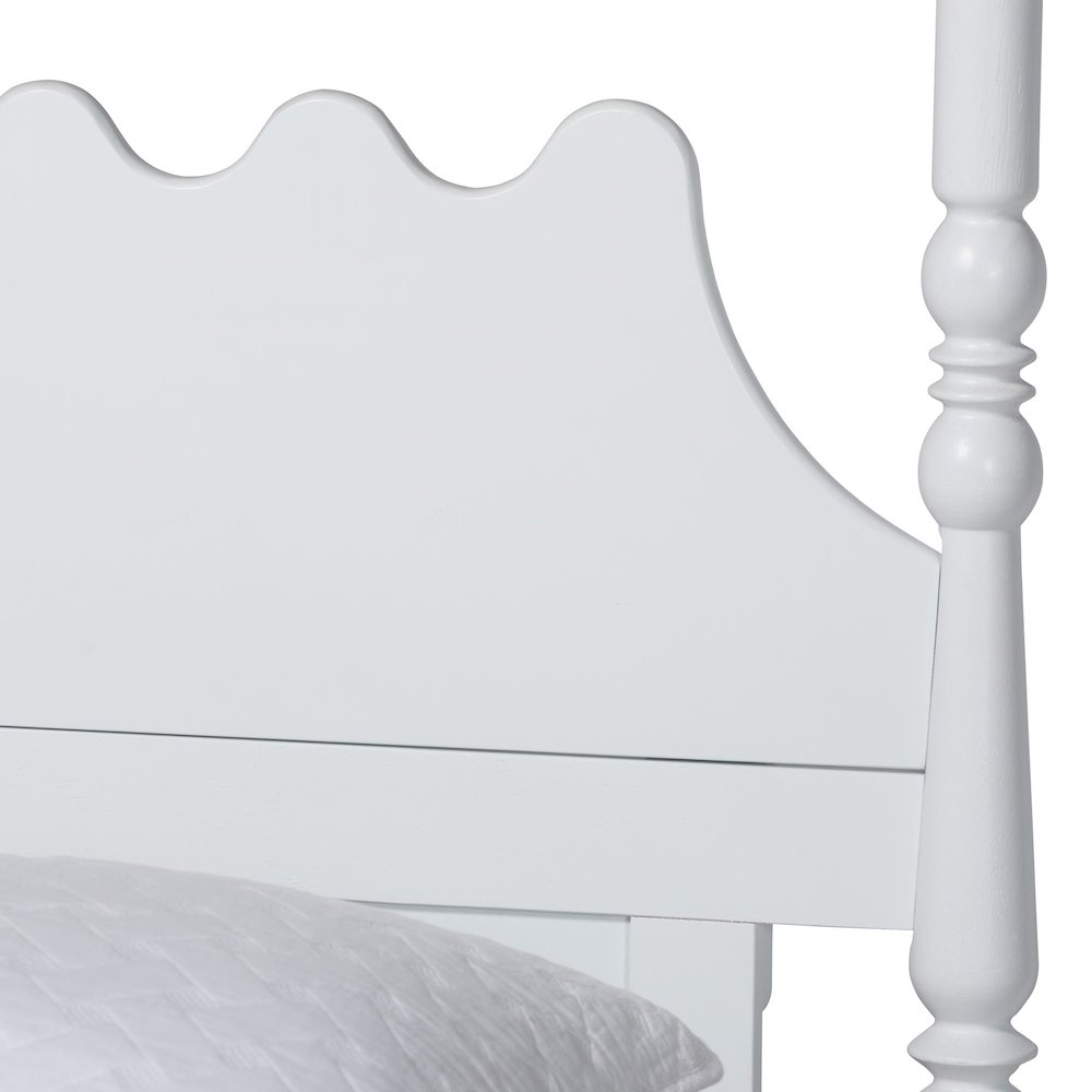 Platform Bed Frame with Scalloped Design and Turned Posts, White, Queen. Picture 5