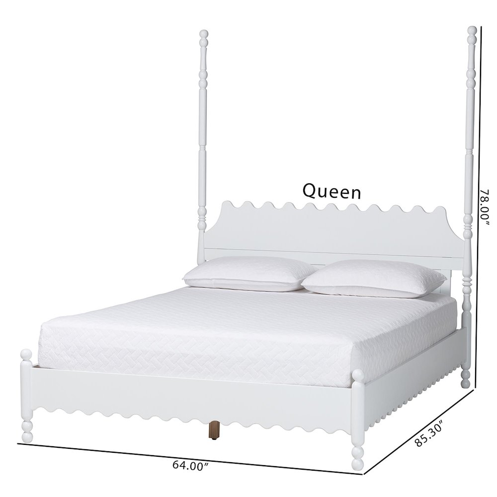 Platform Bed Frame with Scalloped Design and Turned Posts, White, Queen. Picture 9