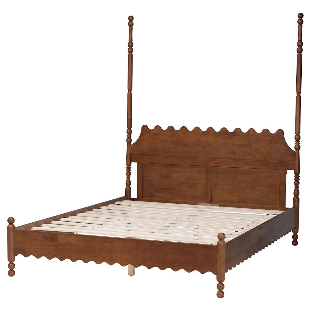 Platform Bed Frame with Scalloped Design and Turned Posts, Walnut Brown, Queen. Picture 4