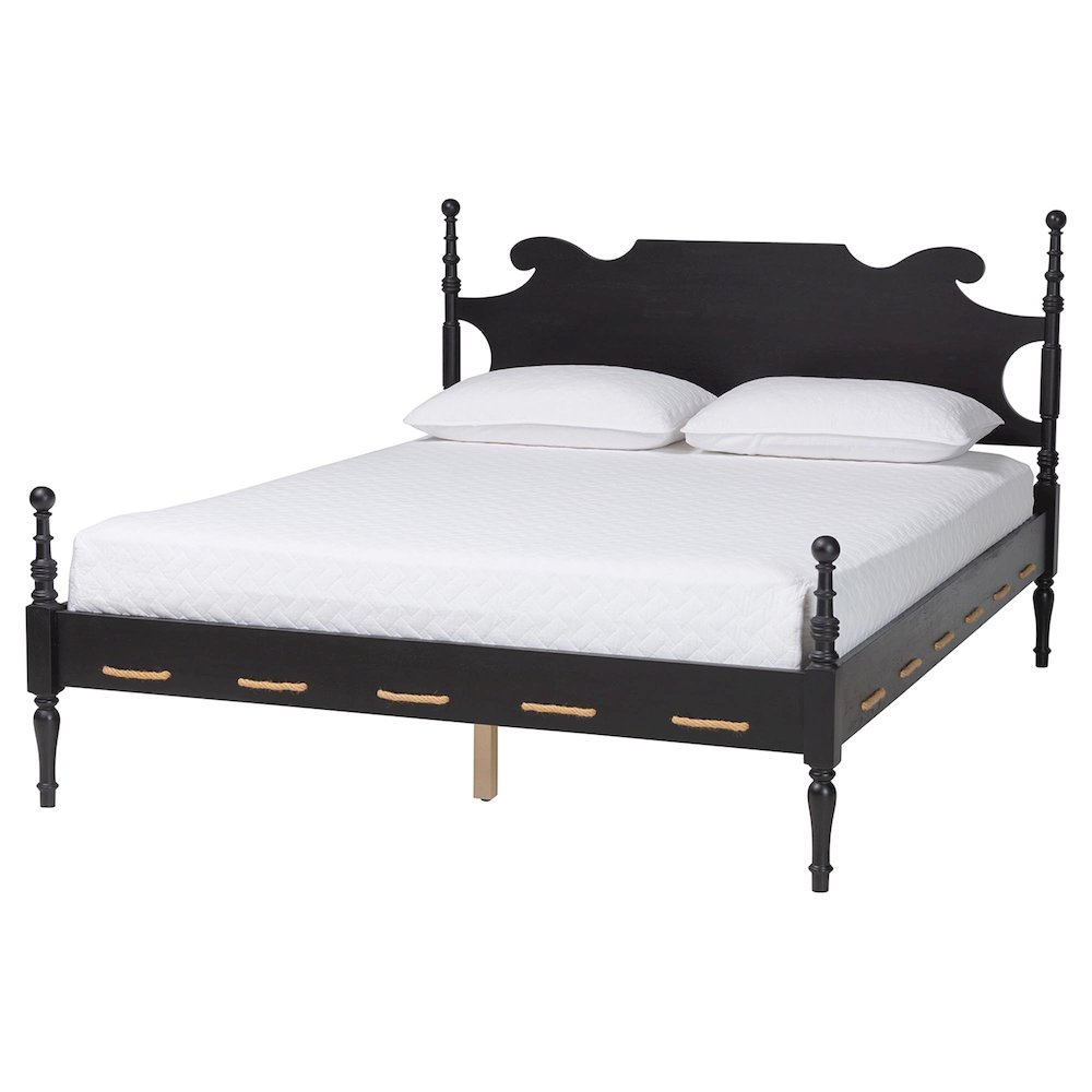 Gaetano Platform Bed Frame with Turned Posts and Panel Headboard, Black, Queen. Picture 1