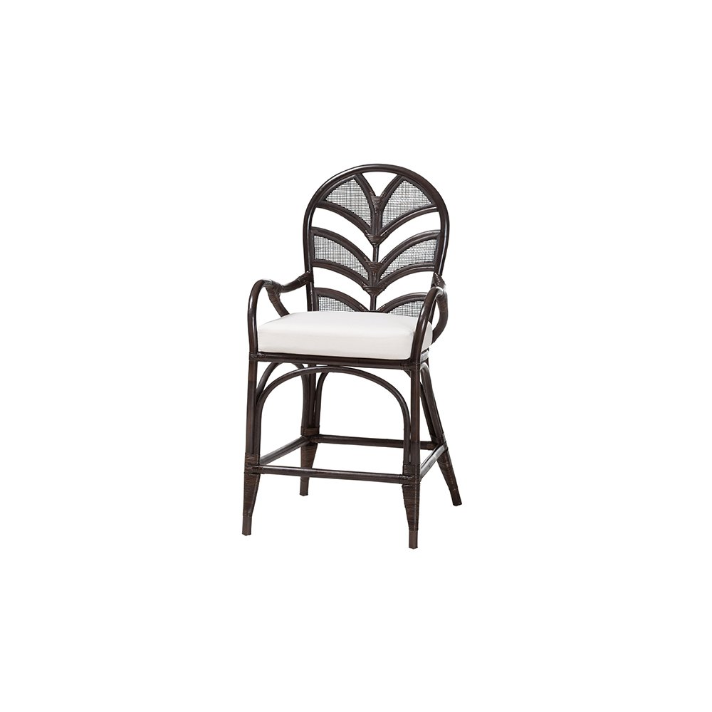 Niven Rattan Counter Stool with Banana Leaf Backrest and Cushion. Picture 1
