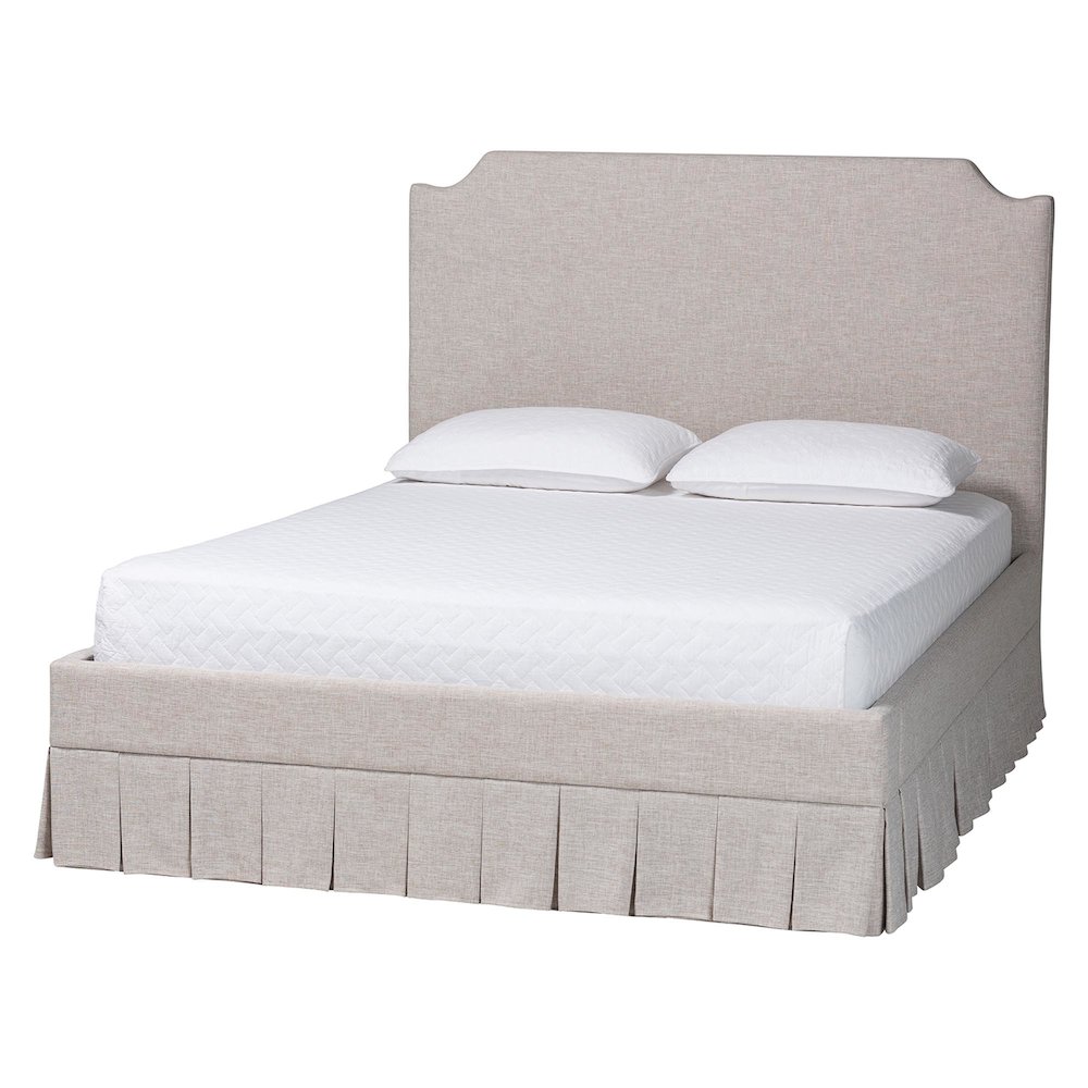 Platform Bed with Pleated Skirt, Upholstered Bed Frame, Panel Headboard, Queen. Picture 1