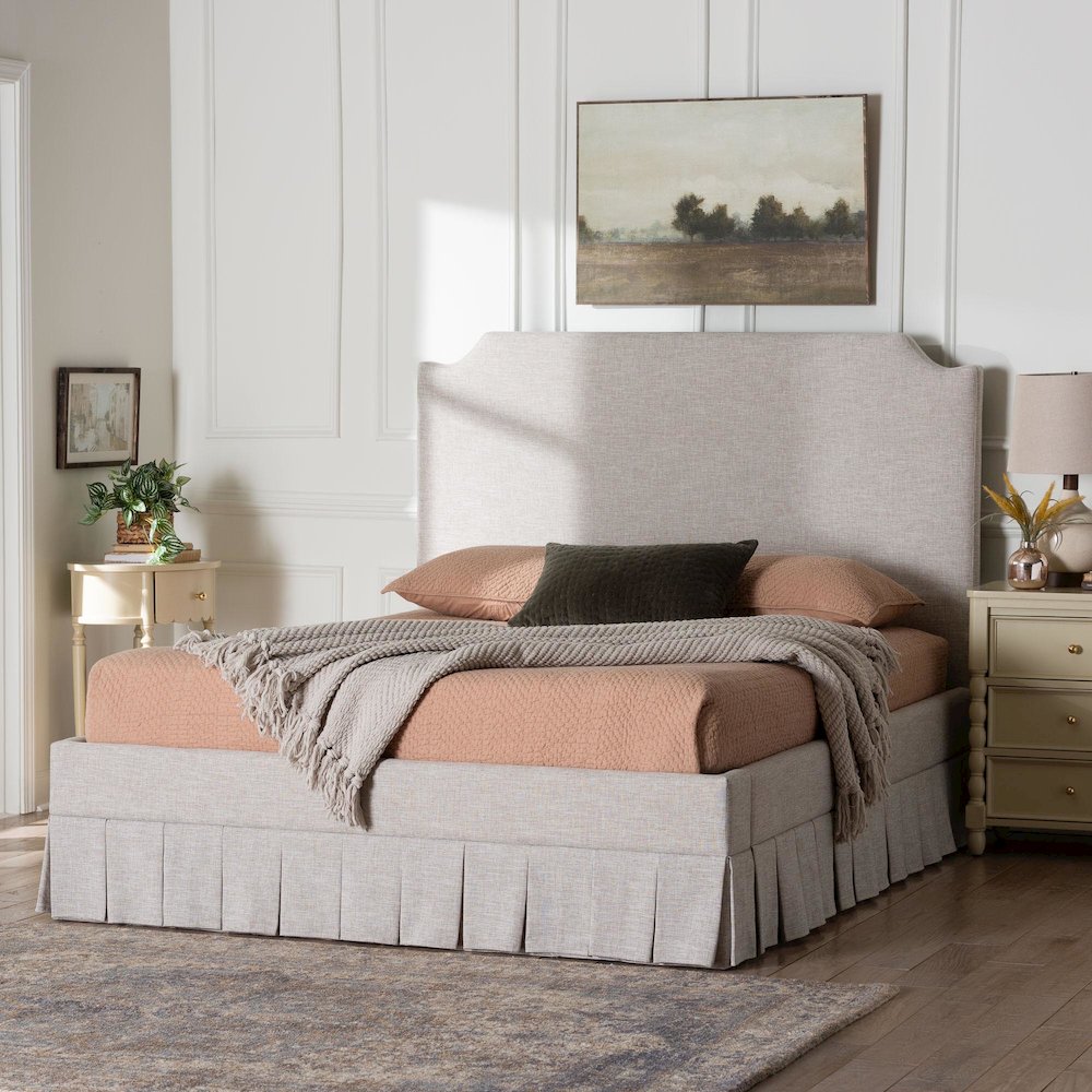 Platform Bed with Pleated Skirt, Upholstered Bed Frame, Panel Headboard, Queen. Picture 2