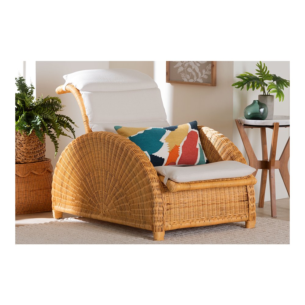 Aries Rattan Chaise Lounge Chair with Rolled Backrest and Cushion. Picture 2