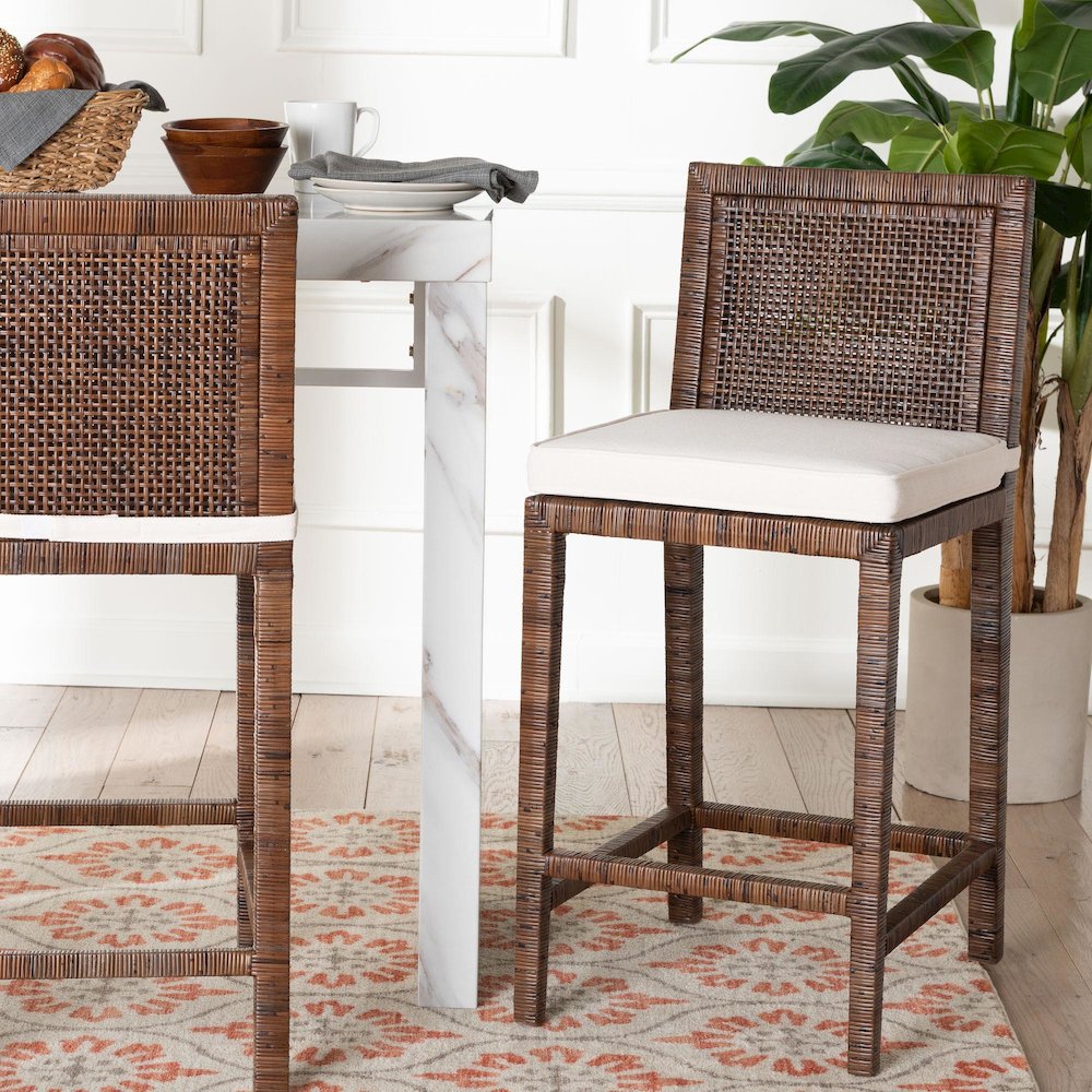 Sofia Rattan Counter Stool with Mahogany Wood Frame, Antique Coffee. Picture 2