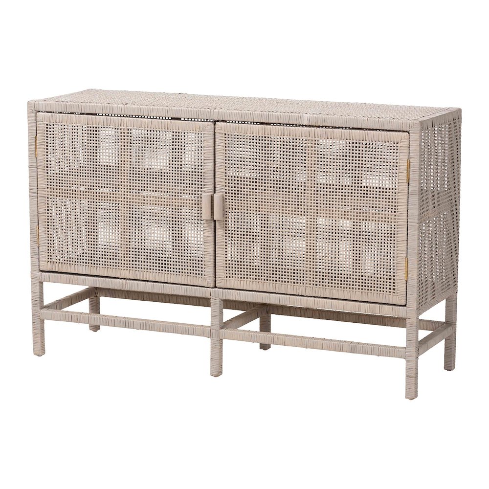 2-Tier Wicker Accent Cabinet with Double Doors and Elevated Base, French Grey. Picture 1