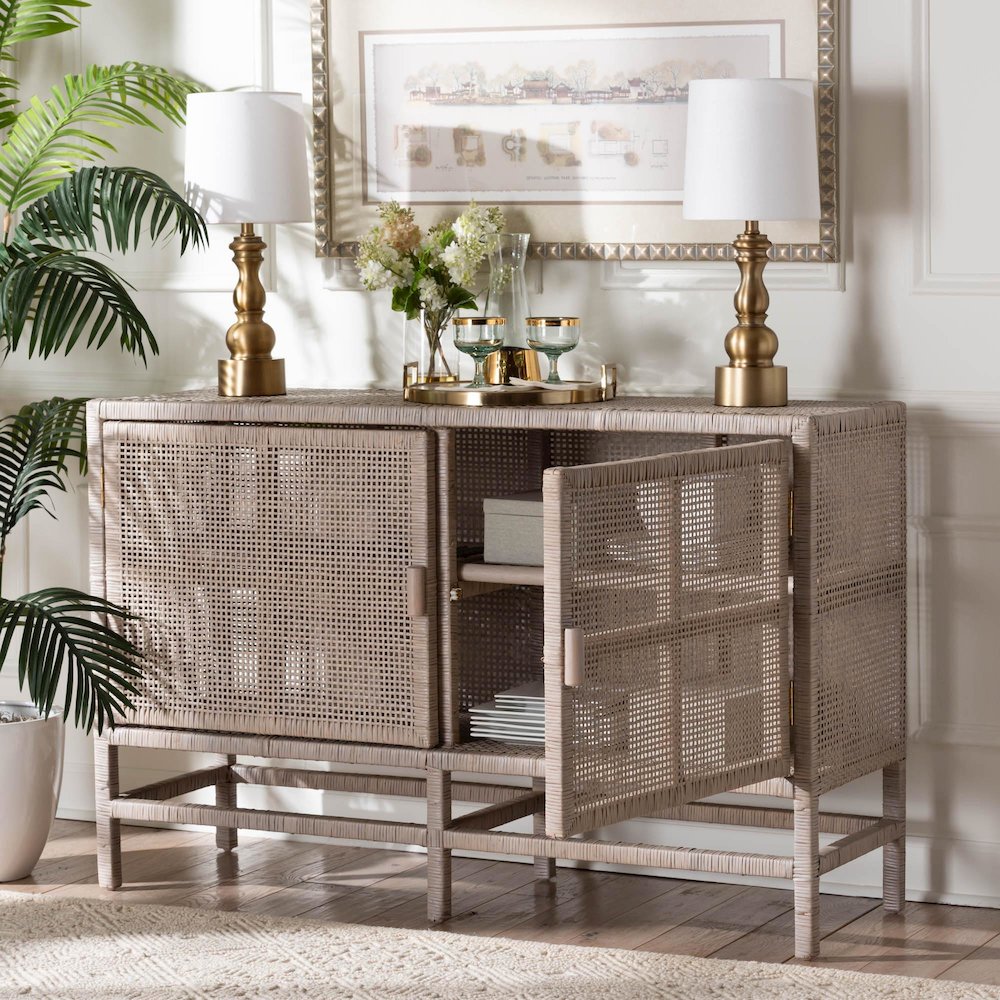 2-Tier Wicker Accent Cabinet with Double Doors and Elevated Base, French Grey. Picture 10